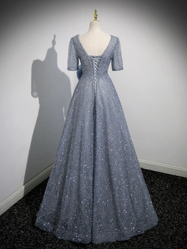 Sparkly Grey Beading Appliques Sequins Prom Dresses 2023 A-Line / Princess V-Neck Short Sleeve Backless Floor-Length / Long Formal Dresses
