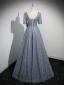 Sparkly Sky Blue Beading Appliques Prom Dresses 2023 A-Line / Princess V-Neck Short Sleeve Backless Floor-Length / Long Formal Dresses
