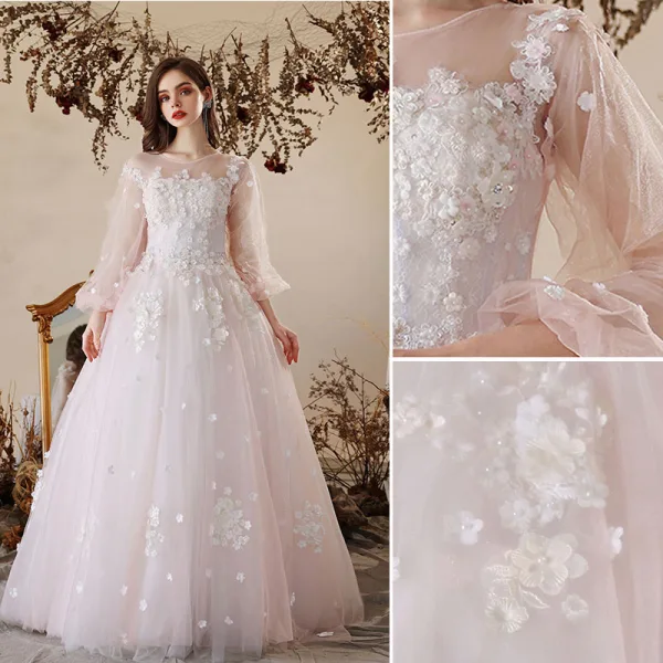 Chic / Beautiful White Prom Dresses 2022 A-Line / Princess Scoop Neck Beading Rhinestone Pearl Lace Flower Appliques Long Sleeve Floor-Length / Long Formal Dresses