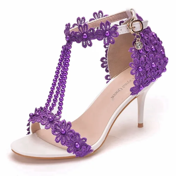 Charming Multi-Colors T-Strap Pearl Lace Flower Prom Womens Sandals 2024 7 cm Stiletto Heels Open / Peep Toe Sandals High Heels