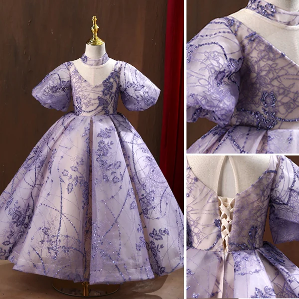 Elegant Lavender Glitter Sequins Flower Girl Dresses 2022 Ball Gown High Neck Bell sleeves Backless Prom Floor-Length / Long Flower Girl Dresses