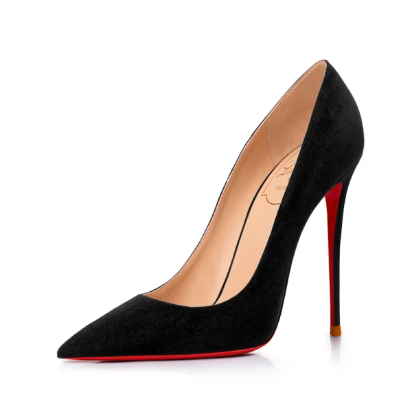 Sexig Svarta Mocka Röd Sula Afton Pumps 2023 Läder 12 cm Stilettklackar Spetsiga Pumps Högklackade