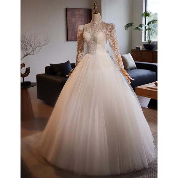 Vintage / Retro White Lace Flower Wedding Dresses 2024 Ball Gown High Neck Long Sleeve Backless Bow Floor-Length / Long Wedding