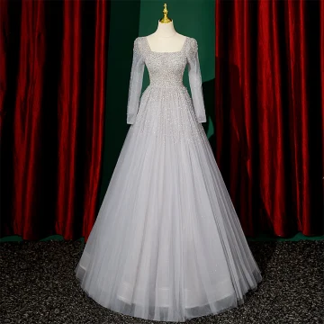 Haut De Gamme Gris Perlage Paillettes Robe De Soirée 2023 Princesse Encolure Carrée Manches Longues Dos Nu Noeud Longue Soirée Robe De Ceremonie