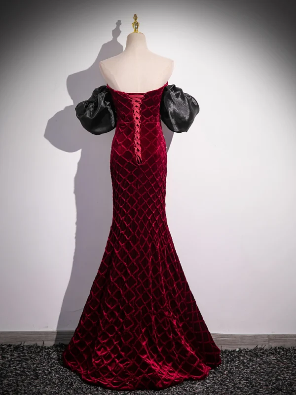 Sexy Burgundy Beading Pearl Evening Dresses 2024 Trumpet / Mermaid Strapless Puffy Short Sleeve Backless Floor-Length / Long Evening Party Formal Dresses