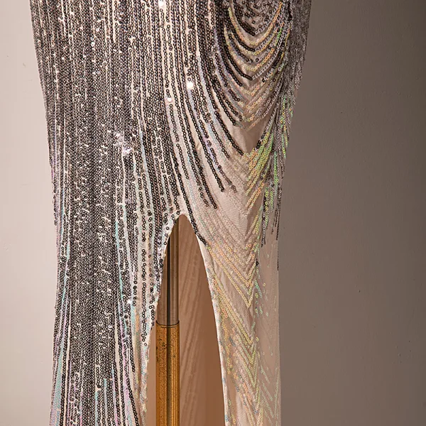 Scintillantes Sexy Champagne Paillettes Robe De Soirée 2022 Trompette / Sirène V-Cou 3/4 Manches Dos Nu Fendue devant Longue Robe De Ceremonie