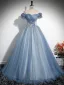 Élégant Bleu Ciel Perlage Paillettes En Dentelle Fleur Robe De Bal 2025 De l'épaule Manches Courtes Dos Nu Longue Robe De Ceremonie