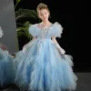 Fashion Sky Blue Sequins Lace Flower Ruffle Birthday Flower Girl Dresses 2024 Ball Gown Scoop Neck Short Sleeve Floor-Length / Long