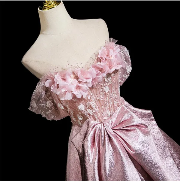 Flower Fairy Blushing Pink Sequins Appliques Prom Dresses 2025 Strapless Sleeveless Backless Floor-Length / Long Formal Dresses Ball Gown