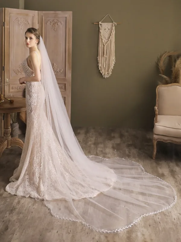 Simple Blanche Fait main En Dentelle Feuille Voile De Mariée 2025 2 m Train De Balayage Tulle