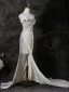Sexy Weiß Perlenstickerei Perle Pailletten Abendkleider 2025 Meerjungfrau Bandeau Ärmellos Rückenfreies Sweep / Pinsel Zug Festliche Kleider