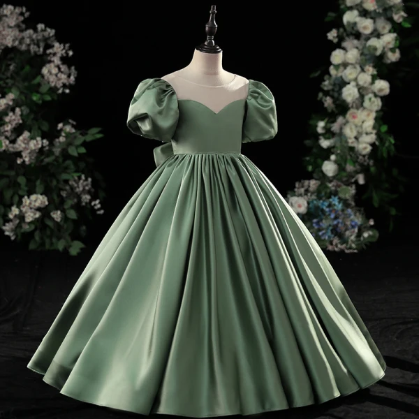 Schöne Grün Blumenmädchenkleider 2022 Ballkleid Rundhalsausschnitt Geschwollenes Kurze Ärmel Rückenfreies Schleife Lange Satin Ball Blumenmädchenkleider