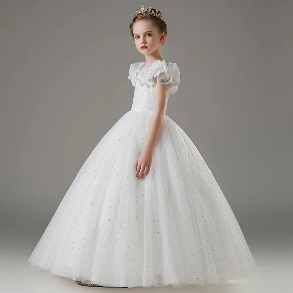 Chic / Belle Blanche Étoile Paillettes Papillon Brodé Mariage Robe Ceremonie Fille 2025 Robe Boule Encolure Dégagée Manches Courtes Longue Robe Ceremonie Fille