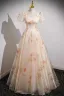 Elegante Champagner Drucken Ballkleider 2023 A Linie Eckiger Ausschnitt Kurze Ärmel Rückenfreies Lange Ball Festliche Kleider