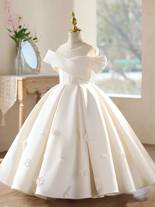 Elegant Ivory Satin Birthday Flower Girl Dresses 2026 Ball Gown Scoop Neck Short Sleeve Backless