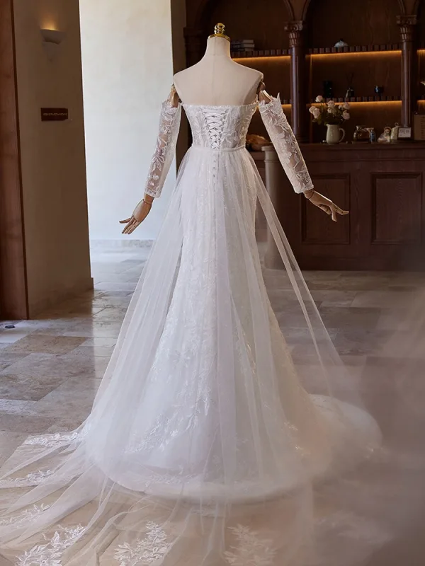 Légère Blanche En Dentelle Fleur Robe De Mariée 2024 Trompette / Sirène De l'épaule Manches Longues Dos Nu Train De Balayage Mariage
