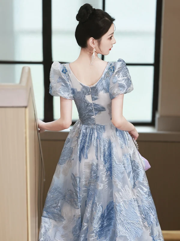 Mode Charmant Bleu Ciel Perlage Perle Paillettes En Dentelle Fleur Robe De Bal 2023 Princesse V-Cou Manches Courtes Dos Nu Longue