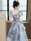 Mode Charmant Bleu Ciel Perlage Perle Paillettes En Dentelle Fleur Robe De Bal 2023 Princesse V-Cou Manches Courtes Dos Nu Longue