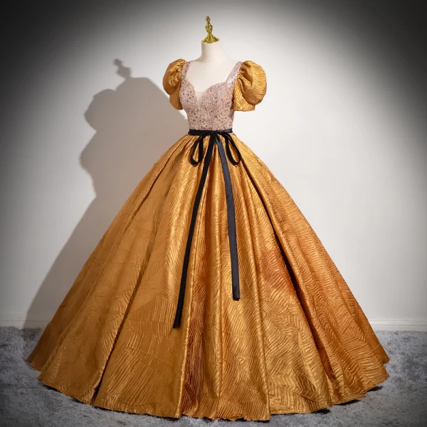 Elegant Gold Beading Sequins Prom Dresses 2024 Ball Gown Square Neckline Puffy Short Sleeve Backless Bow Sash Floor-Length / Long Prom Formal Dresses