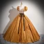 Elegant Gold Beading Sequins Prom Dresses 2024 Ball Gown Square Neckline Puffy Short Sleeve Backless Bow Sash Floor-Length / Long Prom Formal Dresses