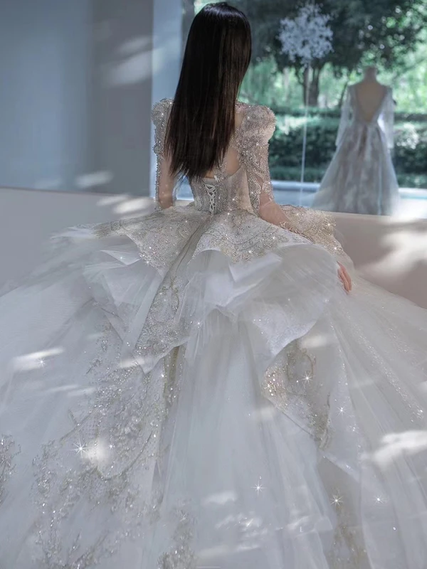 Luxury / Gorgeous White Beading Rhinestone Sequins Wedding Dresses 2024 Ball Gown High Neck Long Sleeve Backless Royal Train Wedding