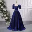 Vintage / Retro Royal Blue Satin Prom Dresses 2024 Ball Gown Square Neckline Short Sleeve Backless Floor-Length / Long Prom Formal Dresses