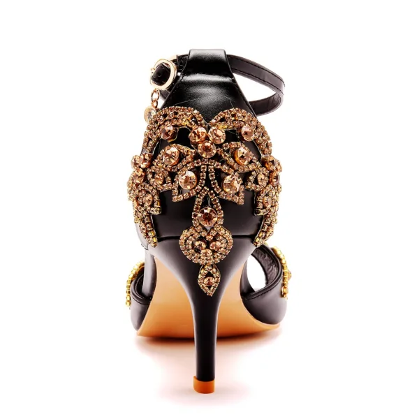 Charmant Schwarz Abend Strass Sandalen Damen 2023 Knöchelriemen 7 cm Stilettos Spitzschuh Sandaletten Hochhackige