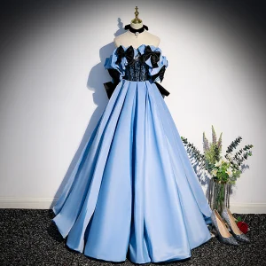 Eleganckie Niebieskie Satyna Sukienki Na Bal 2022 Princessa Bez Ramiączek Bez Rękawów Bez Pleców Kokarda Perła Cekiny Długie Sukienki Wizytowe