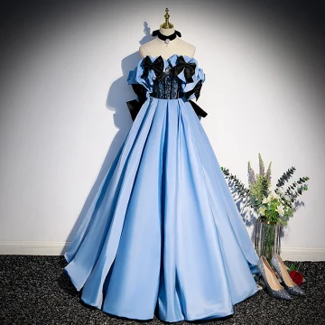 Elegant Pool Blue Satin Prom Dresses 2022 A Line Princess Strapless Sleeveless Backless Bow Pearl Sequins Floor Length Long Formal Dresses