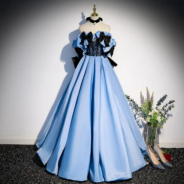 Elegant Pool Blue Satin Prom Dresses 2022 A-Line / Princess Strapless Sleeveless Backless Bow Pearl Sequins Floor-Length / Long Formal Dresses