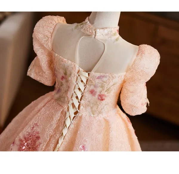 Chic / Beautiful Blushing Pink Beading Sequins Lace Flower Birthday Flower Girl Dresses 2025 Ball Gown High Neck Short Sleeve Backless Floor-Length / Long Tulle