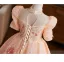 Chic / Beautiful Blushing Pink Beading Sequins Lace Flower Birthday Flower Girl Dresses 2025 Ball Gown High Neck Short Sleeve Backless Floor-Length / Long Tulle
