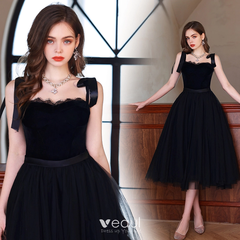 Sexy Black Homecoming Graduation Dresses 2022 A-Line / Princess Spaghetti Straps Sleeveless Backless Sash Tea-length Formal Dresses Sexy Black Homecoming Graduation Dresses 2022 A-Line / Princess Spaghetti Straps Sleeveless Backless Sash Tea-length Formal Dresses