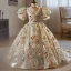 Bling Bling Champagne Beading Pearl Rhinestone Sequins Birthday Flower Girl Dresses 2024 Ball Gown High Neck Puffy Short Sleeve Floor-Length / Long