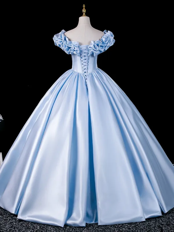 Elegant Sky Blue Prom Dresses 2026 Ball Gown Ruffle Off-The-Shoulder Bow Short Sleeve Backless Floor-Length / Long Formal Dresses