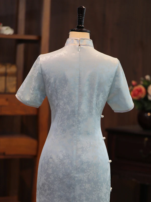 Chinese style Sky Blue Silk Printing Evening Party Cheongsam 2024 Trumpet / Mermaid High Neck Short Sleeve Tea-length