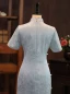 Chinese style Sky Blue Silk Printing Evening Party Cheongsam 2024 Trumpet / Mermaid High Neck Short Sleeve Tea-length