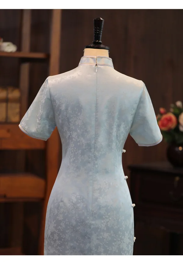 Vintage / Originale Bleu Ciel Perle Impression Fendue devant Cheongsam 2026 Trompette / Sirène Col Haut Manches Courtes Thé Longueur