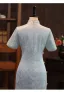 Vintage / Originale Bleu Ciel Perle Impression Fendue devant Cheongsam 2026 Trompette / Sirène Col Haut Manches Courtes Thé Longueur