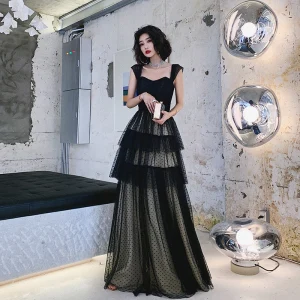 Chic Beautiful Black Spotted Prom Dresses 2022 A Line Princess Square Neckline Sleeveless Backless Floor Length Long Prom Formal Dresses