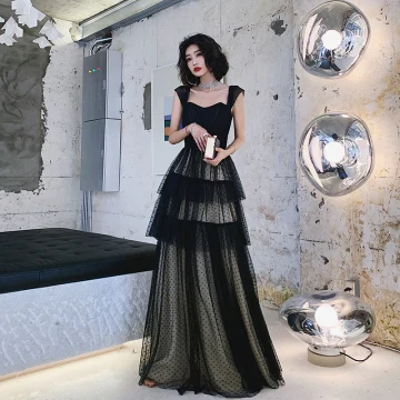 Chic Beautiful Black Spotted Prom Dresses 2022 A Line Princess Square Neckline Sleeveless Backless Floor Length Long Prom Formal Dresses