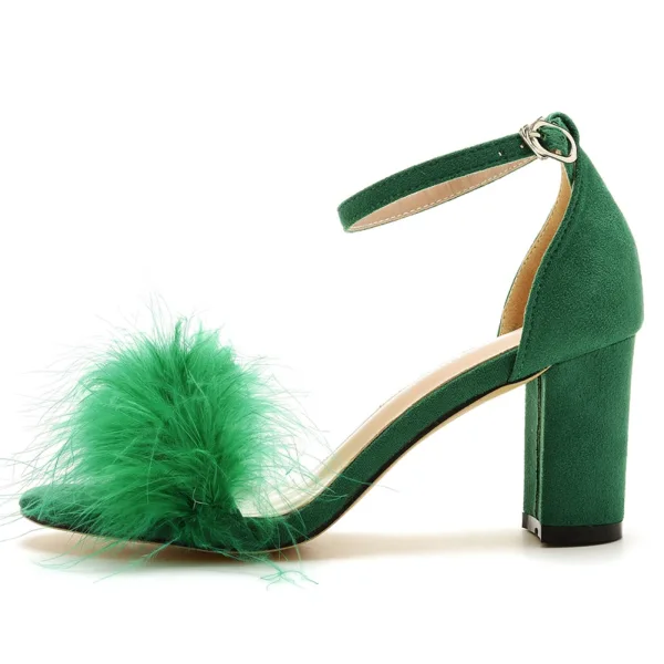 Simple Rougissant Rose Vêtement de rue Désinvolte Été Sandales Femme 2023 Bride Cheville Plumes 7 cm Talons Épais Peep Toes / Bout Ouvert Sandales Talons Hauts