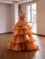 Mode Orange Fallende Rüsche Perle Pailletten Strass Ballkleider 2026 Ballkleid Bandeau Ärmellos Rückenfreies Sweep / Pinsel Zug Festliche Kleider