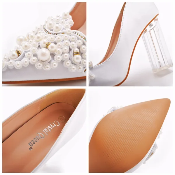 Chic / Beautiful White Pearl Rhinestone Wedding Shoes 2023 Satin 9 cm Crystal Thick Heels Pointed Toe Wedding Pumps High Heels