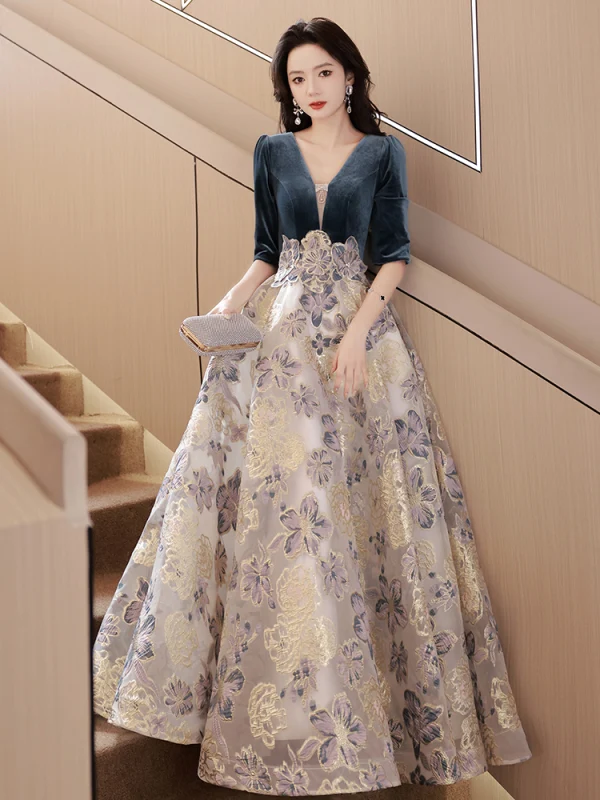Mode Bleu Marine Impression Robe De Bal 2023 Princesse V-Cou 1/2 Manches Longue Promo Robe De Ceremonie