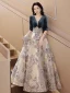 Mode Bleu Marine Impression Robe De Bal 2023 Princesse V-Cou 1/2 Manches Longue Promo Robe De Ceremonie