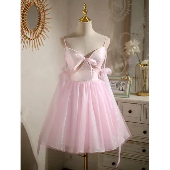 Sexy Candy Pink Pearl Birthday Party Dresses 2022 A Line Princess Spaghetti Straps Sleeveless Backless Bow Short Cocktail Party Formal Dresses