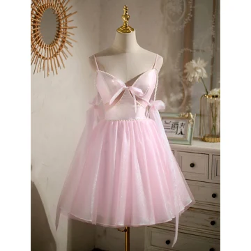 Sexy Candy Pink Pearl Birthday Party Dresses 2022 A Line Princess Spaghetti Straps Sleeveless Backless Bow Short Cocktail Party Formal Dresses