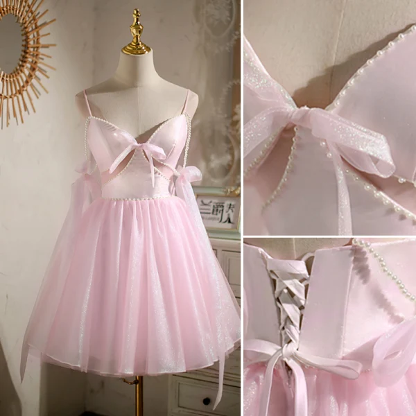 Sexy Pink Perle Geburtstag Partykleider 2022 A Linie Spaghettiträger Ärmellos Rückenfreies Schleife Kurze Cocktail Festliche Kleider