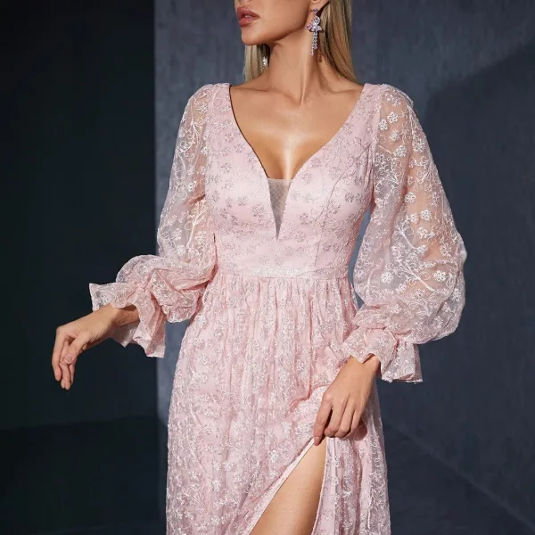Chic / Beautiful Blushing Pink Lace Flower Split Front Prom Dresses 2025 A-Line / Princess V-Neck Long Sleeve Backless Floor-Length / Long Prom Formal Dresses